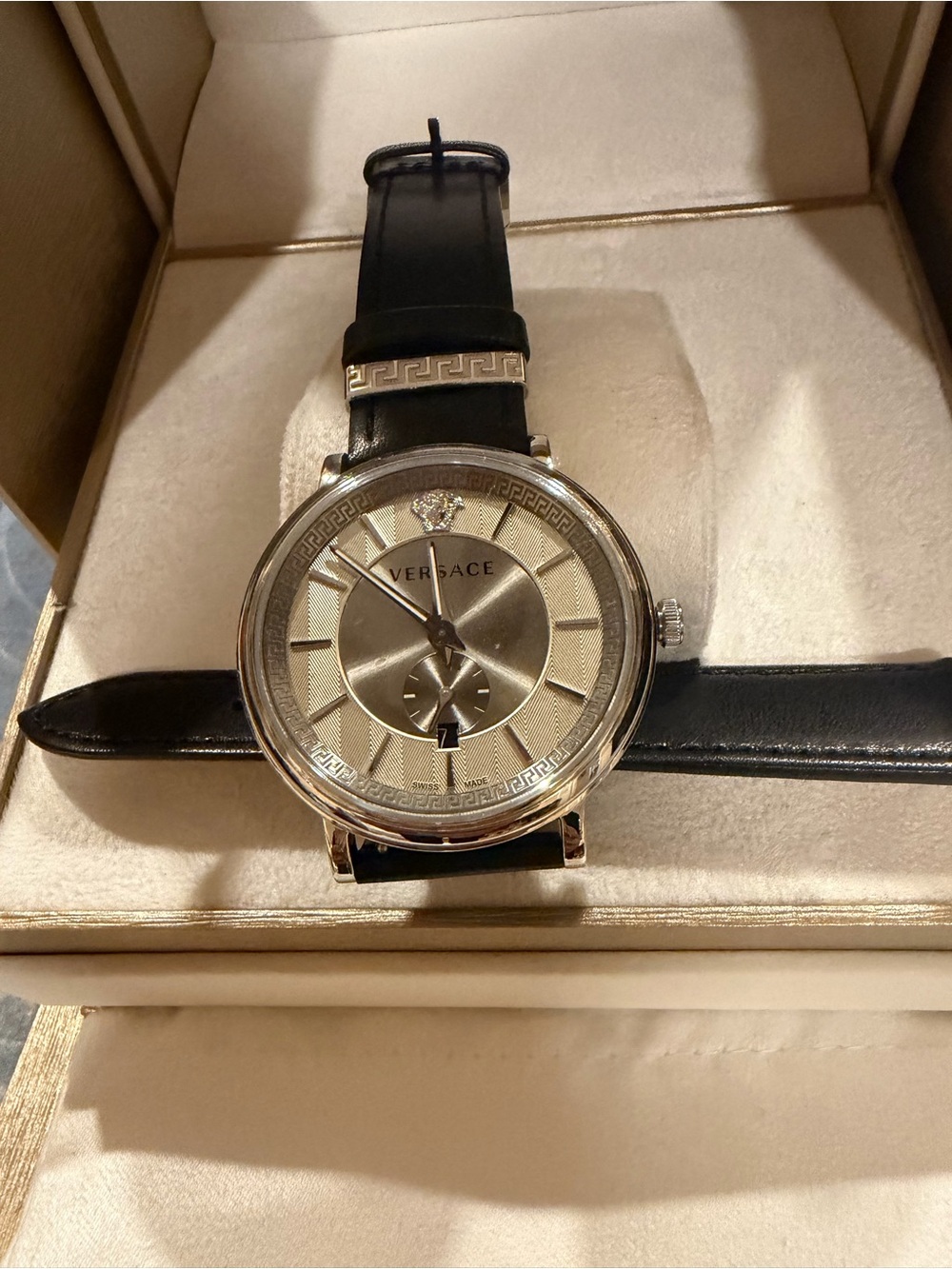 Versace Silver Dial Black Leather Strap Men's Watch